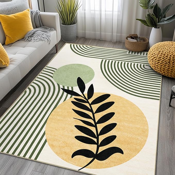 Mid Century Modern Rug 4x6 Green Boho Area Rug for Living Room | Washable Tropical Leave Rugs Geometric Abstract Low Pile Non-Slip Floor Carpet for Dining Room Bedroom Kitchen Office