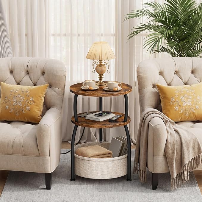 Round Side Table with Charging Station, USB Type C Port, Brown | Small Table with Basket, 3 Tiers Sofa Couch Table, Bedside Table for Living Room Bedroom, Garden,Small Spaces, 15.75in