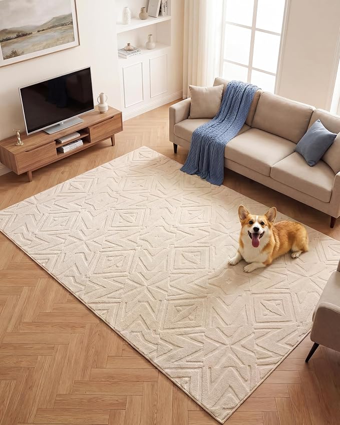 Carvapet 5x7 Area Rug Beige Geometric Washable High Low Pile Carpet | Soft plush washable carpet with high low pile texture and non slip backing for living rooms, bedrooms and family spaces