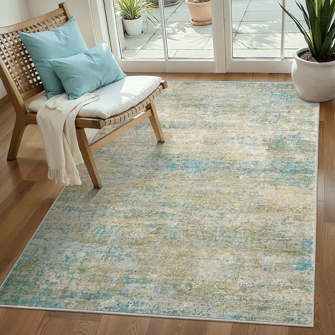 Tangsoo Abstract 3x5 Washable Area Rug, Modern Non Slip Indoor Accent Rugs | Contemporary Print 3x5 Carpet, Soft Low Pile Foldable Rugs for Living Room Bedroom Bedside Entryway Blue Beige Home Decor