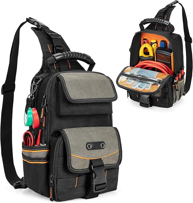 Electrician Tool Pouch Bag, Zippered HVAC Tool Organizer | Heavy-Duty Canvas Fabric, Ergonomic Handle, Removable Shoulder Strap, Ideal for Maintenance Repair Technician