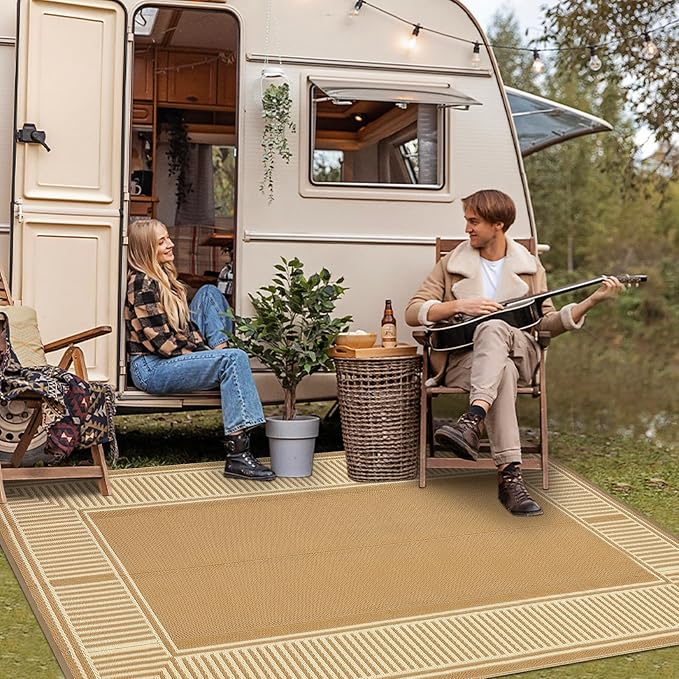 Waterproof Plastic Straw Outdoor Rug 9x18 Patio Reversible UV Resistant Foldable Camping Carpet Modern Striped Large Outdoor Rugs for Deck, Camper, Balcony, Beach，Light Brown/Coffee