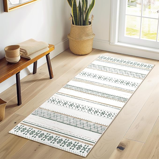 2x8 Washable Area Rugs for Living Room Boho Runner Rug Green/Brown | Vacuum Friendly, Machine Washable, Non-Slip Rug, Stain Resistant, Moroccan Geometric, Low Pile Carpet, Hallway Kitchen