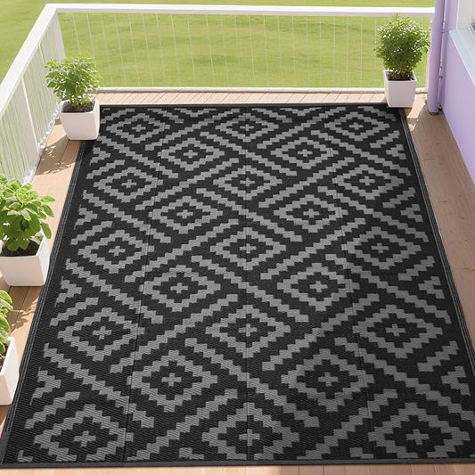 RURALITY Outdoor Rugs 5x8 Feet for Patios Clearance,Plastic Straw Waterproof Mats for Backyard,Porch,Deck,Balcony,Black&Deep Grey