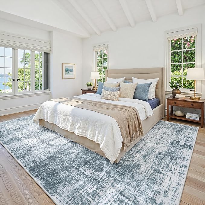 10x12 Area Rug for Living Room Bedroom: Non-Slip Modern Light Slate Blue | Machine Washable TPR Backing, Stain-Resistant Low Pile, Pet & Kid Friendly, Abstract Decor for Dining Room, Dorm, Home Office