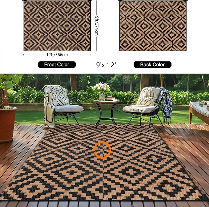 Outdoor Patio Plastic Straw Rug - 9x12 ft Outdoor Camping Rug Waterproof Reversible, Area Carpet Patios RV, Outside Porch Balcony Deck for Camper, Black & Brown