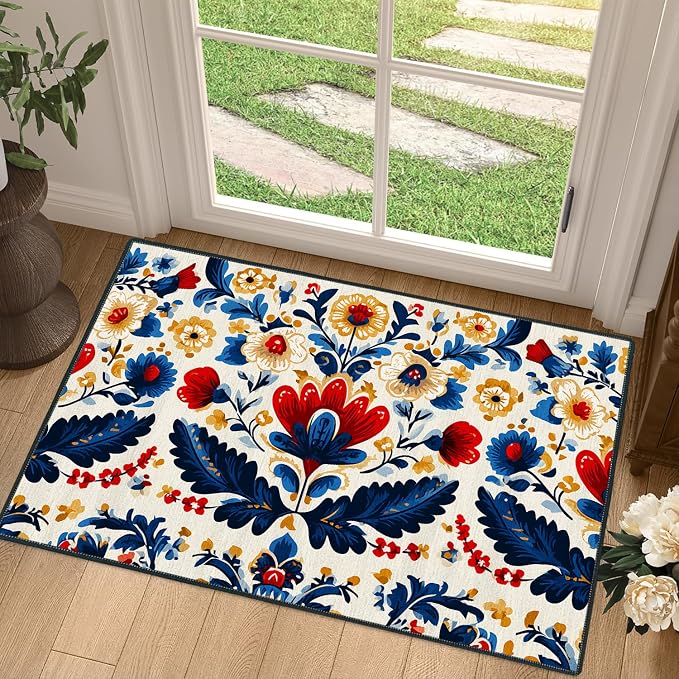 Red and Blue Floral 2x3 Entryway Rug,Non-Slip Washable Door Mat for Kitchen,Bathroom Front Door - Rubber Backing Stain Fade Resistant - Traditional Cottage Style Home Decor