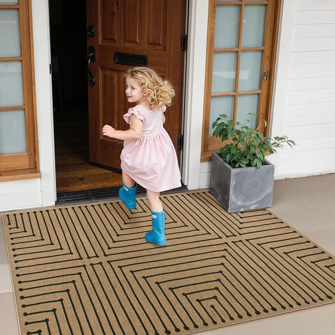 Lahome Neutral 3x5 Outdoor Rug, Black Easy Jute Entry Front Door Rug | Farmhouse Rhombus Non Slip Non Shedding Nature Indoor Outdoor Carpet for Kitchen Balcony Foyer