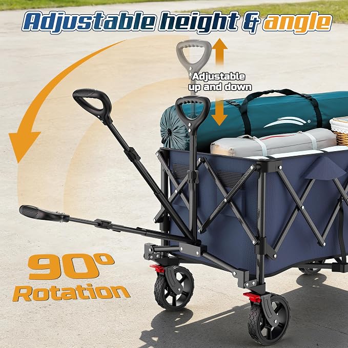 Wagons Carts Foldable,Collapsible Wagon with Wheels,450LBS Heavy Duty Beach Wagon Cart,Lightweight Portable Folding Utility Wagon Cart with Cup Holders for Camping, Garden, Sports, Grocery pcs (Blue)