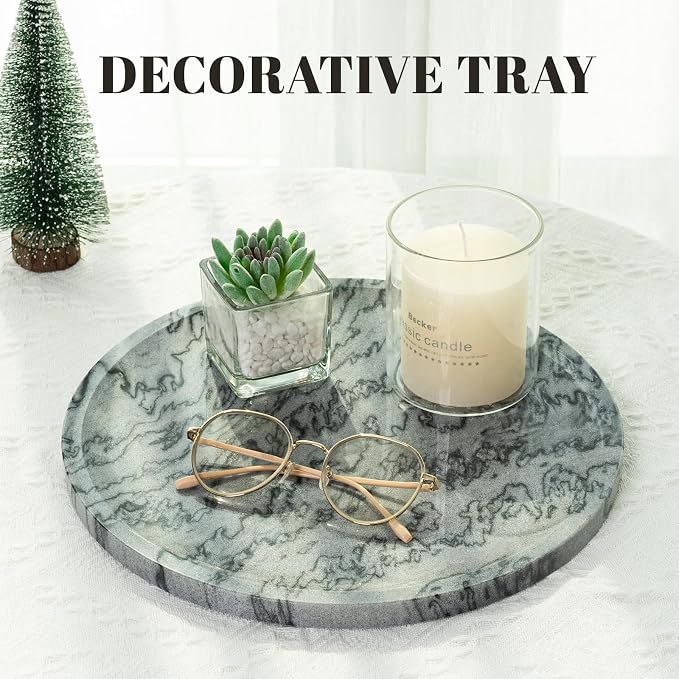 Karibiber Natural Marble Tray, 11.8in Serving Tray for Fruit, Round Decorative Vanity Dish for Jewelry&Key, Quality Storage Plate for Kitchen Coffee Table and Bathroom Desktop, Monte Grigio