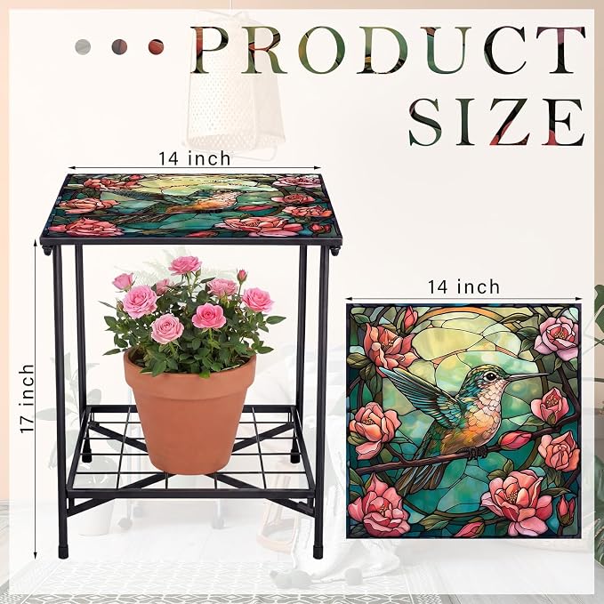Cinnvoice Outdoor Side Table 2-Tier Storage Square Small Mosaic Patio Accent Indoor End Plant Coffee Tea Table for Yard Patio Porch Garden Living Room, Bedroom(Hummingbird Style)