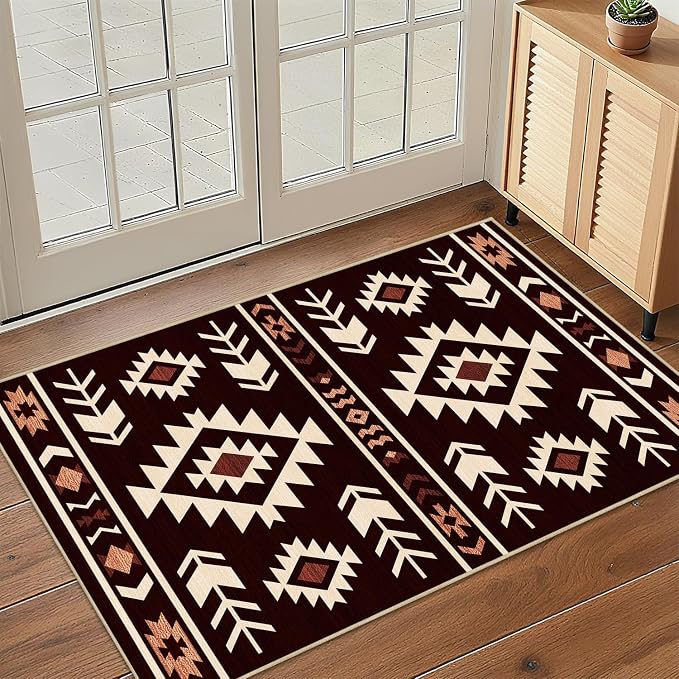 Western Rug 2x3 for Entryway Indoor Mat, Southwestern Aztec Tribal Rugs Southwest Navajo Machine Washable Entrance Rug Non-Slip Printed Low-Pile Entry Floor Carpet Doormat for Bedroom, Red Brown