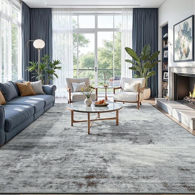 Toneed Washable 7x9 Grey Area Rug with Non-Slip Backing for Living Room | Abstract Modern Rugs, Soft Low Pile Carpet for Bedroom Kitchen Dining Room Nursery Indoor Floor Office Home Decor