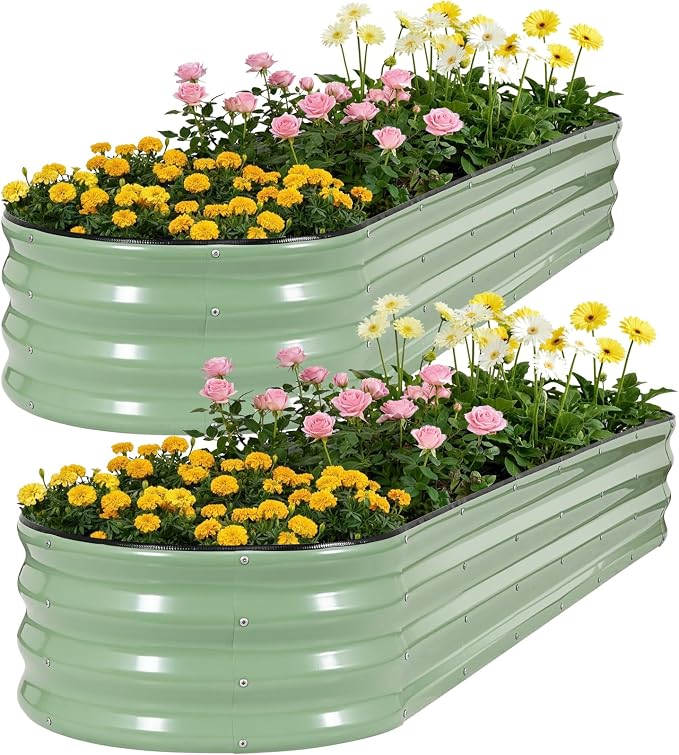 Galvanized Raised Garden Bed 2 Pack, 8x2x1ft Oval Metal Planter Box Outdoor with Support Rods & Corner Protection, Planter Beds for Vegetables, Fruits, Flowers (AvocadoGreen)