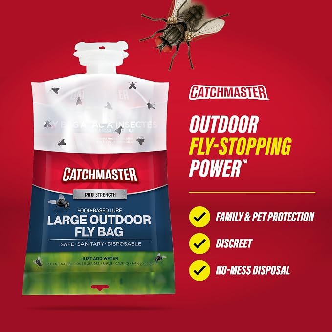 Catchmaster Disposable Outdoor Fly Trap, 8 Hanging Bags with Bait | Catches house, bottle & blowflies, Holds up to 30,000 flies, Food-based lure, no spray needed, For barns, coops & ranches