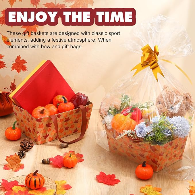 Qinyoung 12 Pcs Fall Basket for Gifts Empty 9.8 x 6.5'' Maple Leaves Gift Basket Empty to Fill with Handles, Bows, Plastic Bags and Twist Ties for Autumn Thanksgiving Party Favor Supplies