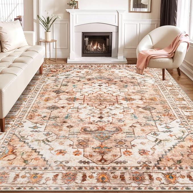 SERISSA 8x10 Washable Non Slip Boho Area Rug for Living Room，Peach Cream | Ultra Soft Vintage Oriental Carpet Low-Pile Distressed Tribal Throw Carpet for Dining Room Bedroom Dorm Office Home Decor