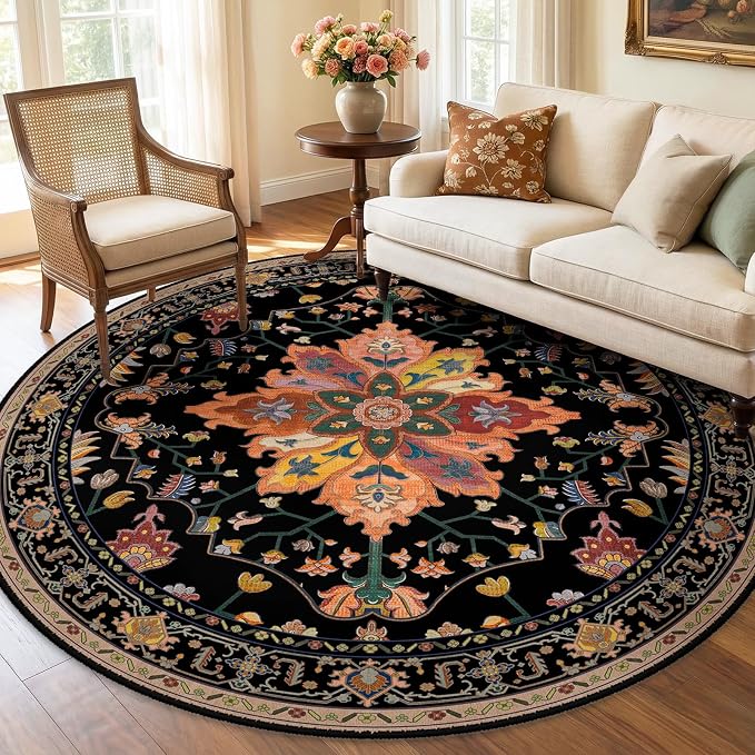 RELEANY Washable Area Rug, Round 7ft, Black/Colorful | Non-Slip, Water Repellent, Pet Friendly, Easy to Clean, Vintage Floral Boho Decor for Living Room Bedroom Dining Room