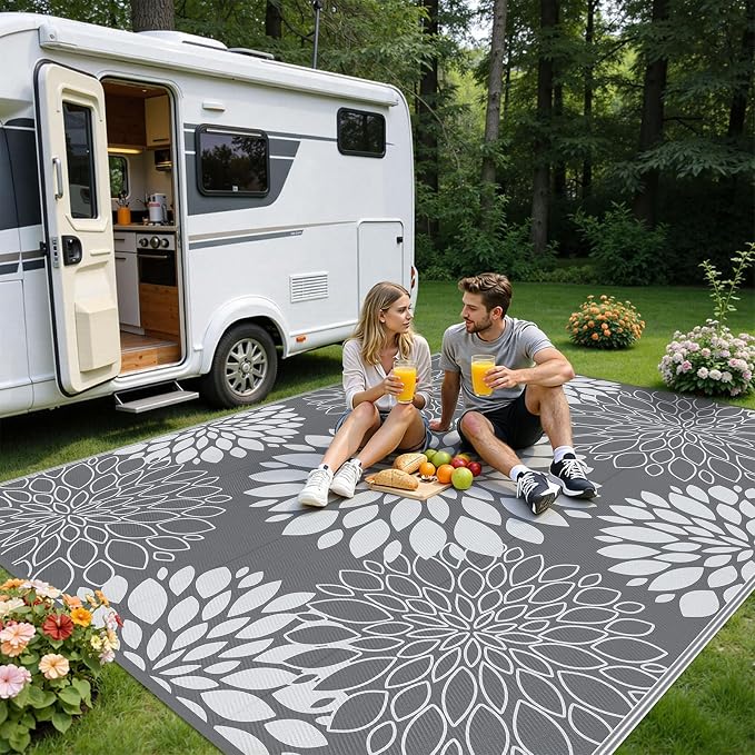 Ileading Waterproof Outdoor Rug 8x10, Reversible Plastic Straw Patio Rug, Portable Indoor Outdoor RV Camping Mat Carpet for Deck, Porch, Balcony, Backyard, Picnic, Floral Grey