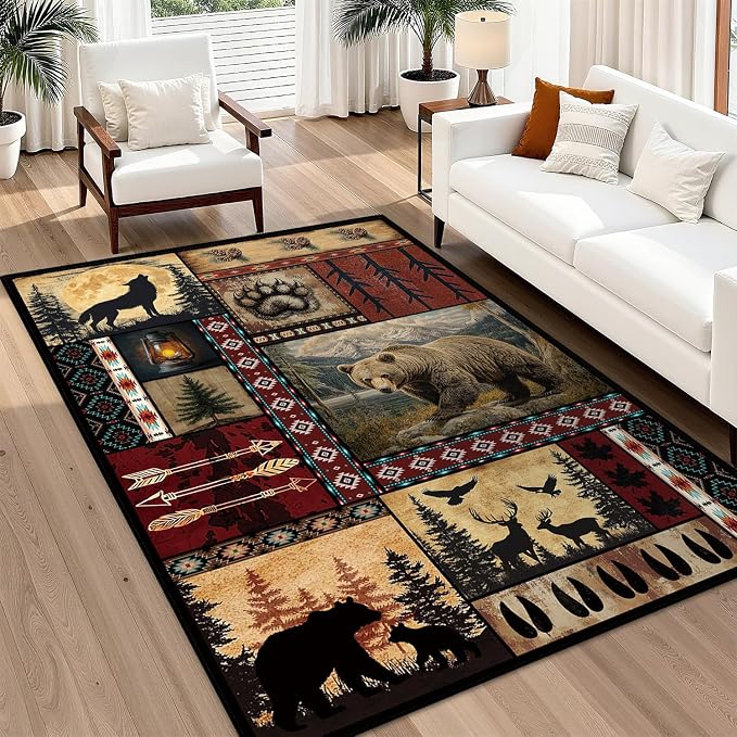 Rustic Cabin Area Rug 5x7 for Living Room, Bear Deer Print Rug, Western Decor Non-Slip Low-Pile Machine Washable Indoor Floor Carpet for Dining Room Bedroom Office