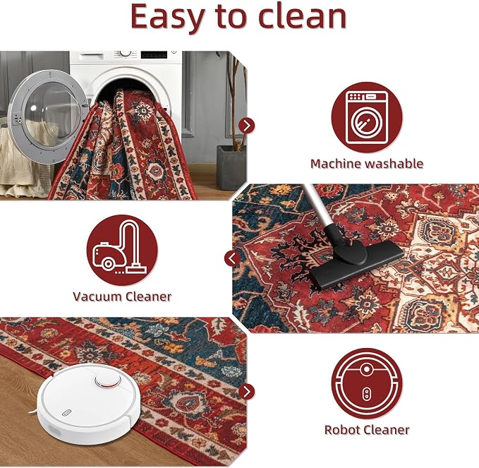 YJ.GWL Area Rugs for Living Room 3x5 Machine Washable Rugs for Bedroom, Non Slip Floral Vintage Rug Indoor Carpet, Small Floor Throw Rug for Dining Room Kitchen, Orange-Red