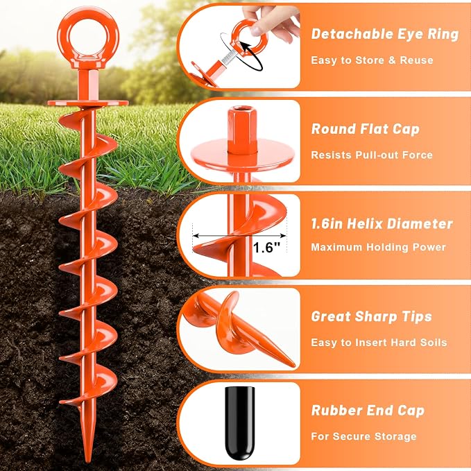 FEED GARDEN Ground Anchors Screw in Heavy Duty, 4 Pack 15 Inch Spiral Earth Anchors for Trampoline Anchors High Wind, Swing Set Anchors, Tent Stakes, Dog Tie Out & Canopy Stability, Orange, 4 Pack