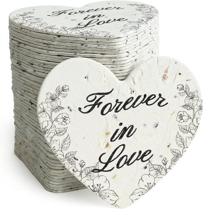48pcs Large (2.5" h x 2.85" w) Black & White Forever in Love Heart Seed Paper – Writable & Plantable Wildflower, Mom's Gift for Birthday, Use for Wedding, Baby Shower, & Heart Party Favors