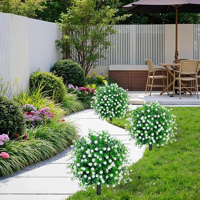THKFUL Artificial Flower Ball Topiary Trees Outdoor Set of 2 - White Boxwood Ball Fake Plants with Ground Spike,23" Realistic Faux Shrubs UV Resistant for Front Pathway Porch Window Box Decor