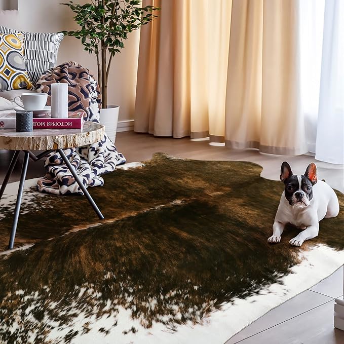 AROGAN Faux Cowhide Rug, Cow Print Animal Area Rug, 4x3 Ft Saddle Brown | Premium Cow Hide Carpet, Western Rug for Bedroom Living Room Decor, Durable Faux Cow Skin Cowhide Area Rug