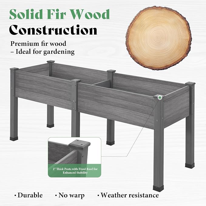 AMERLIFE Raised Garden Bed, 72x24x30 Inches Elevated Wood Planter Box with Bed Liner, Legs, Divider, Drainage Holes, Stand for Backyard, Patio, 350 Lb Capacity - Grey