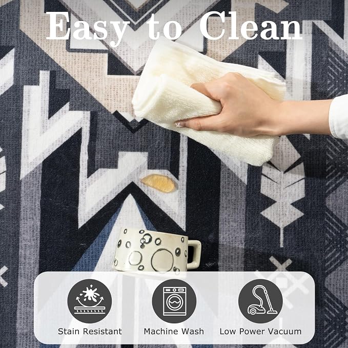 6x9 Western Rustic Aztec Area Rug for Living Room Bedroom Dining Room | Southwestern Tribal Grey Low Pile Faux Wool Rug, Machine Washable Non-Slip Carpet for Living Room Dining Bedroom