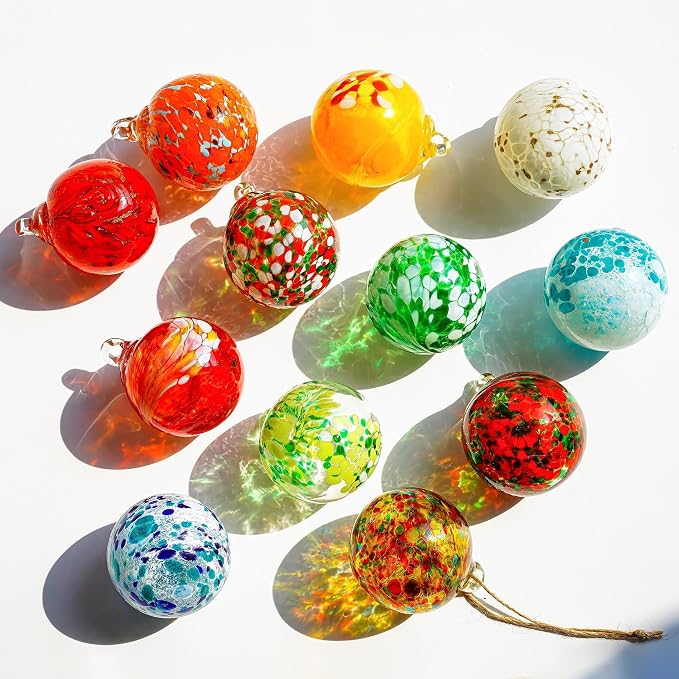 12Pcs Hand Blown Glass Ball Ornaments Hanging Gazing Balls Witches Balls