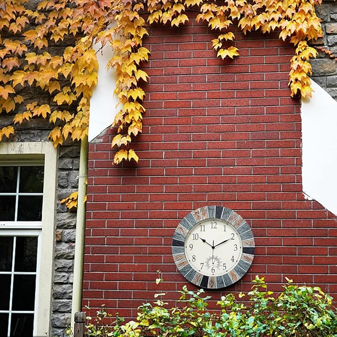 UMEXUS Outdoor Clock with Thermometer, 13 Inch Retro Large Waterproof Wall Clocks Indoor Silent Non-Ticking Battery Operated Weatherproof Decor for Patio Garden Pool Mother Gift