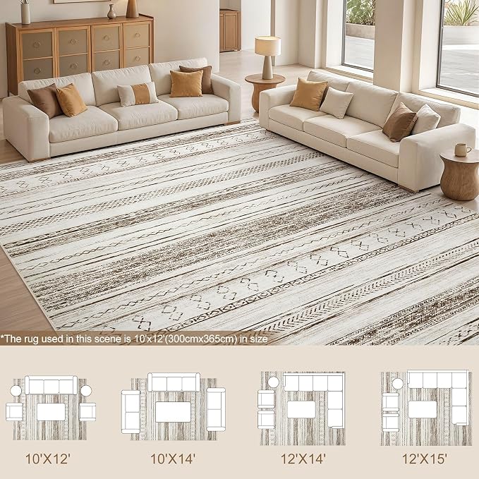 Tortania Area Rug Living Room Rugs - 10x14 Washable Large Soft Neutral Boho Moroccan Bohemian Farmhouse Rug Indoor Floor Carpet for Bedroom Under Dining Table Home Office Decor - Cream Brown