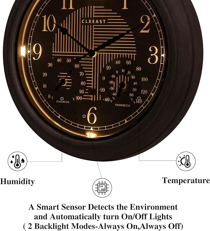 CLXEAST 18 Inch Farmhouse Illuminated Outdoor Atomic Wall Clock with Thermometer & Hygrometer Combo, Night Lighted Wall Clock with Smart Sensor,Brushed Grey Oak Finish