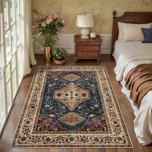 Tangsoo Oriental 3x5 Washable Area Rugs, Vintage Non Slip Accent Rug | Boho Indoor Print Carpet, Soft Low Pile Rug for Living Room Dining Bedroom Bedside Entryway Dark Blue Beige Home Decor