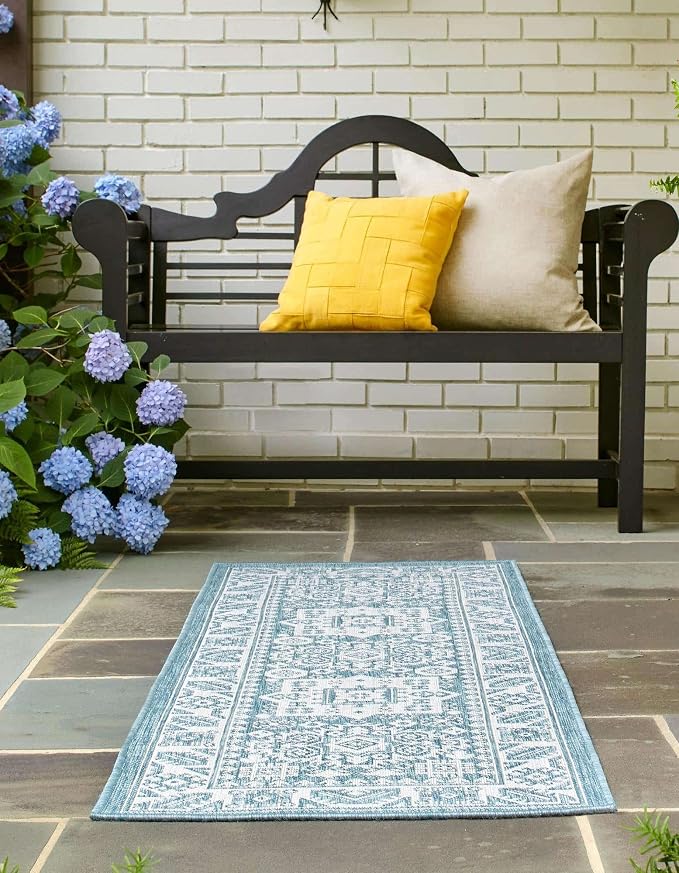 Unique Loom Outdoor Aztec Collection Area Rug - Chalca (2' 7" x 12' Runner, Aqua/ Ivory)