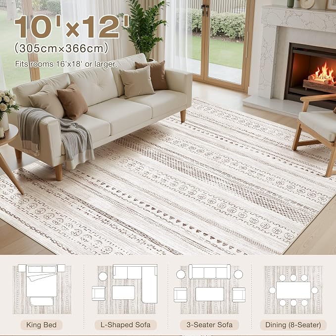 kakania Washable 10x12 Area Rug for Living Room: Boho Geometry Home Decor | Soft Stain Resistant, Low-Pile, Non-Slip, Pet & Kid Friendly, Thin Rug for Bedroom/Dining Room/Kids Dorm - Brown