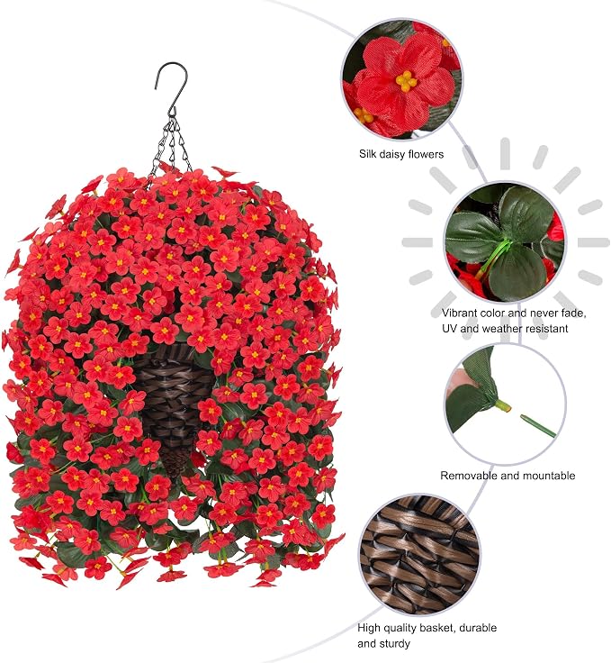 HyeFlora Artificial Fake Hanging Flowers Plants Basket for Outdoor Outside Spring Summer Decor, Faux Silk Red Daisy Flower Look Real UV Resistant Orchid Vine Plant for Porch Garden Yard Patio Home