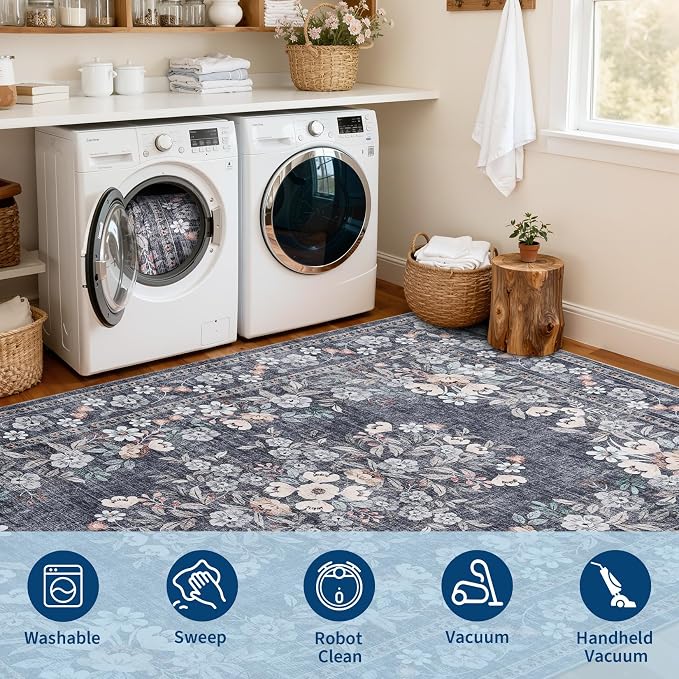 GarveeHome 5ft Washable Round Rug for Dining Vintage Throw Rug | Distressed Bordered Leaf and Flower Floral Bedroom Carpet Low Pile Non-Slip Blue Area Rug for Living Room Office Nursery