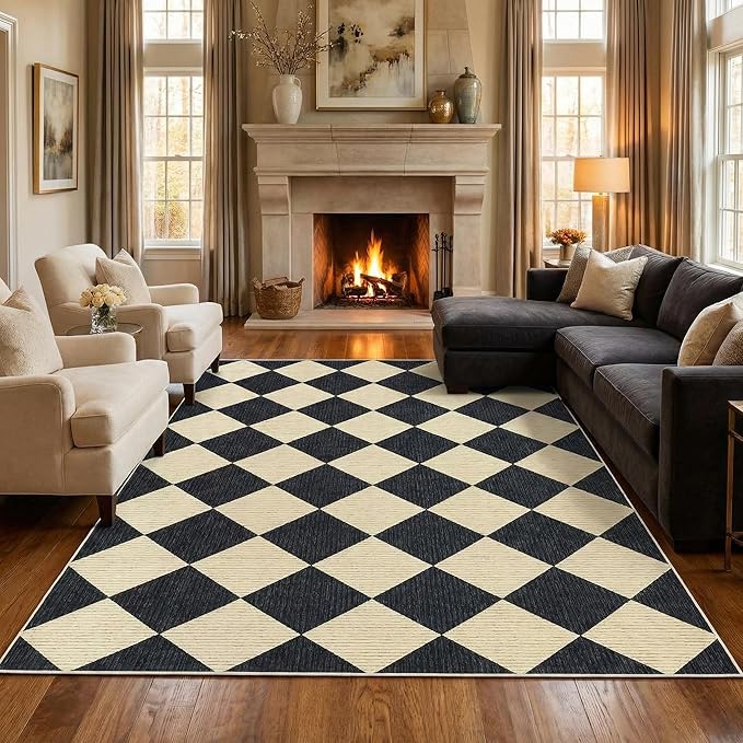 GarveeHome 6x9 Checkered Area Rug Black and Brown Washable Living Room Rug | Modern Geometric Farmhouse Carpet Soft Low Pile Non Slip Diamond Floor Mat Plaid Print Throw Rug for Dining Room Playroom