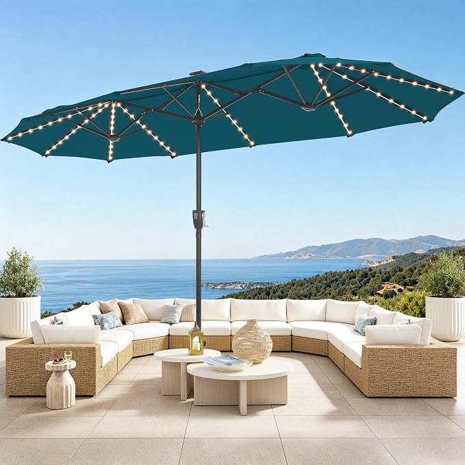 PHI VILLA 13ft Patio Umbrella with Solar-Powered 120 PCS LED Color-Changing Lights, Triple-Head Large Rectangle Umbrella Outdoor Patio for Table with Crank Lift,Cyan(No Base)