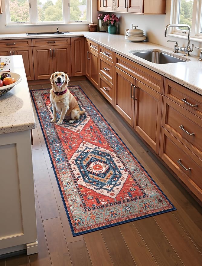 SERISSA 2x5 Washable Non Slip Boho Runner Rug for Hallway，Rust | Ultra Soft Vintage Oriental Carpet Low-Pile Distressed Tribal Floor Carpet for Kitchen Bedroom Bathroom Laundry Living Room