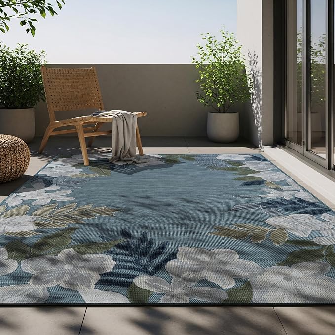 Outdoor Rug 10x14 Washable Area Rugs Indoor Outdoor Carpets Aqua Border Floral Non Shedding Waterproof Easy Clean Patio Deck Porch Living Room Bedroom Garden RV (10 X 14 Aqua)