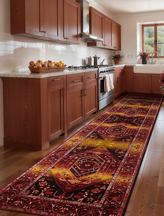 SERISSA 2'6"x12' Washable Non Slip Boho Runner Rug for Hallway | Ultra Soft Vintage Oriental Carpet Low-Pile Rustic Red Gold Floor Carpet for Kitchen Bedroom Entryway Bathroom Laundry Room