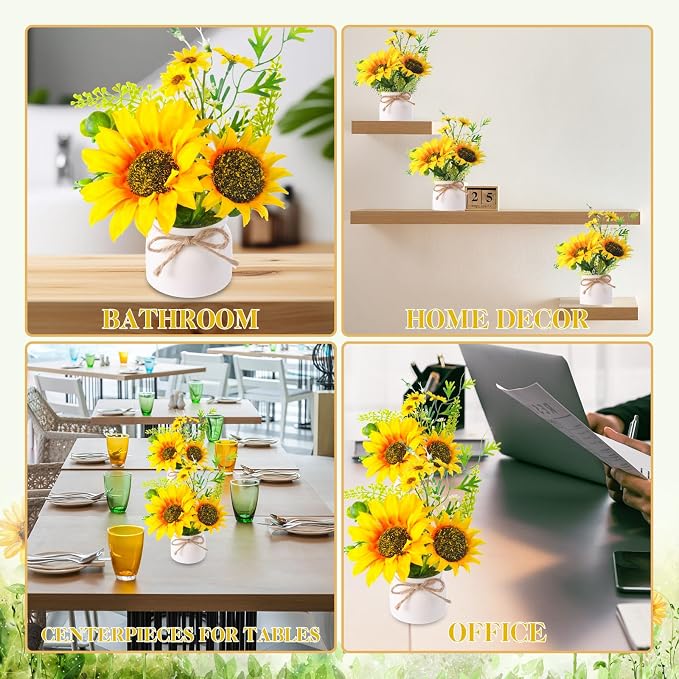 Zeyune 12 Pcs Sunflower Potted Plants Rustic Summer Spring Kitchen Wedding Table Centerpieces Silk Yellow Fake Flower with Plastic Pot for Home Bathroom Office (White,Sunflower)