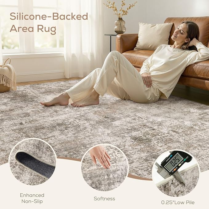 Nakagishi 8X10 Abstract Washable Area Rugs for Living Room-Brown | Modern Non-Slip Silicone Backing Low Pile Soft Carpet for Bedroom Dining Decor Ideal for Families with Kids and Pets