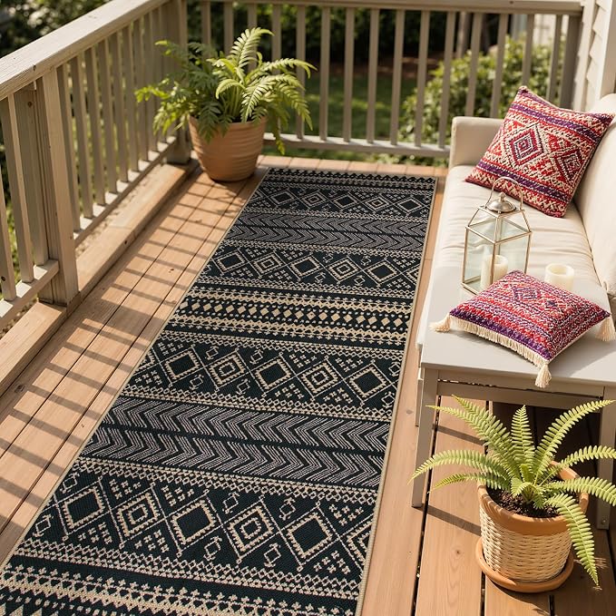 Lahome Boho Kitchen Runner Rug, 2x8 Easy Jute Laundry Room Rug | Black Distressed Print Geometric Stain Resistant Indoor Outdoor Runner for Hallway