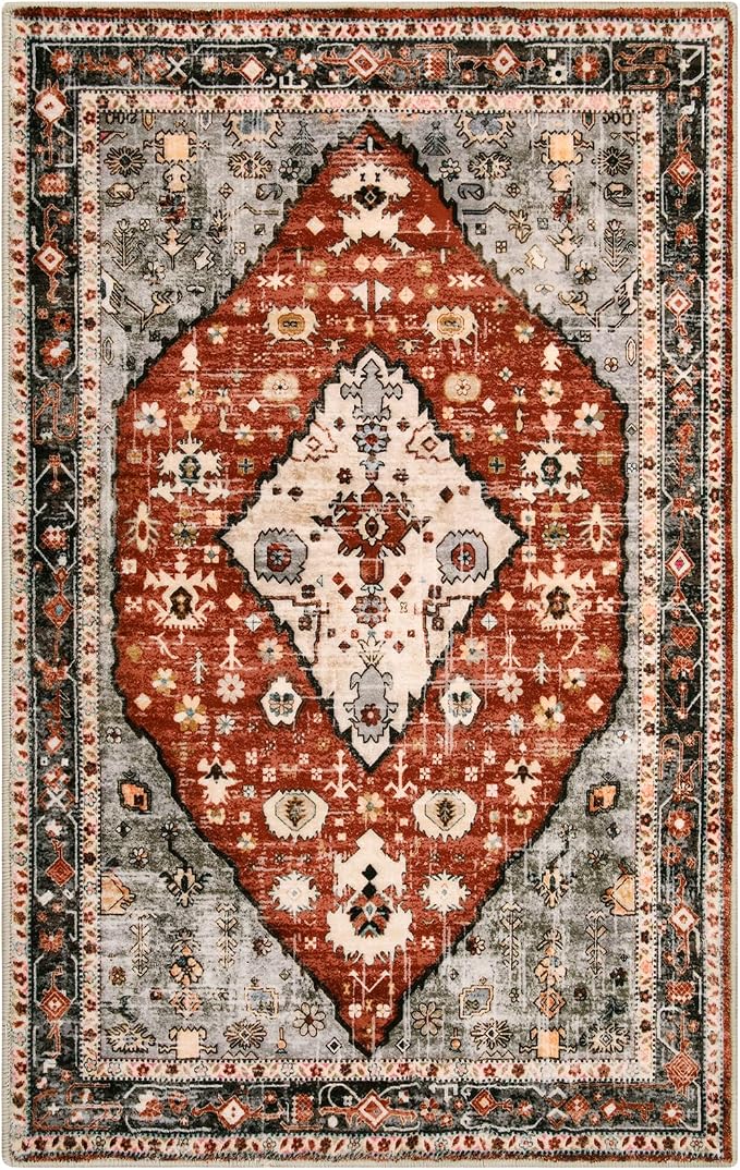 Lahome Felice Boho Tribal Area Rug - 3x5 Red Rugs for Entryway, Bedroom Throw Rugs with Rubber Backing Washable, Vintage Non Slip Mat Soft Carpet for Office Kitchen Foyer Entrance Living Room