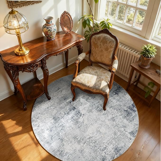 4ft Round Bedroom Rug Washable: Circle Rugs for Living Room Boho Vintage Non Slip Low Pile Soft Faux Wool Non Shedding Small Carpet for Kitchen Entryway Bathroom Bedside Office Dorm Kids Room Entrance